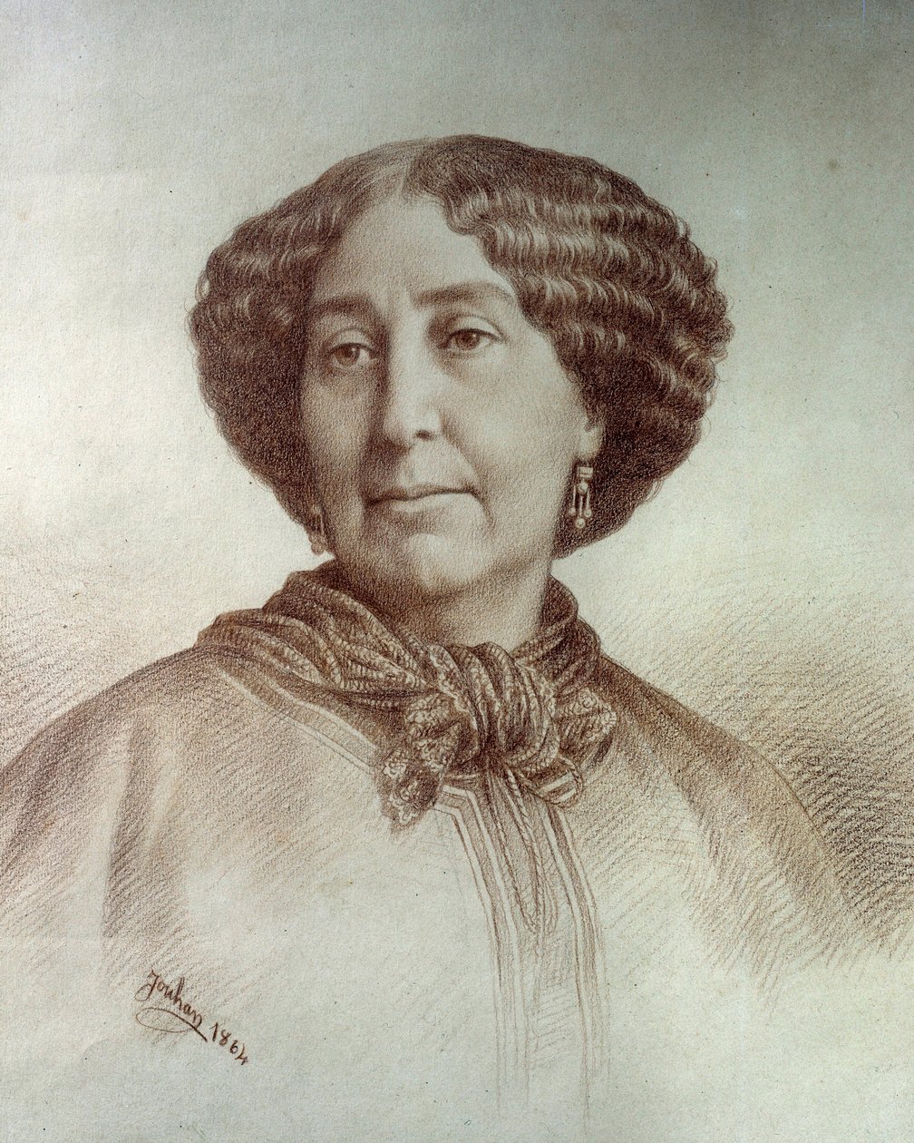 Porträt der Schriftstellerin George Sand (1804-1876) Aurore Dupin, Baronin Dudevant. Zeichnung von Rene Jouhan (1835-?) nach einem Foto von Nadar von Nadar