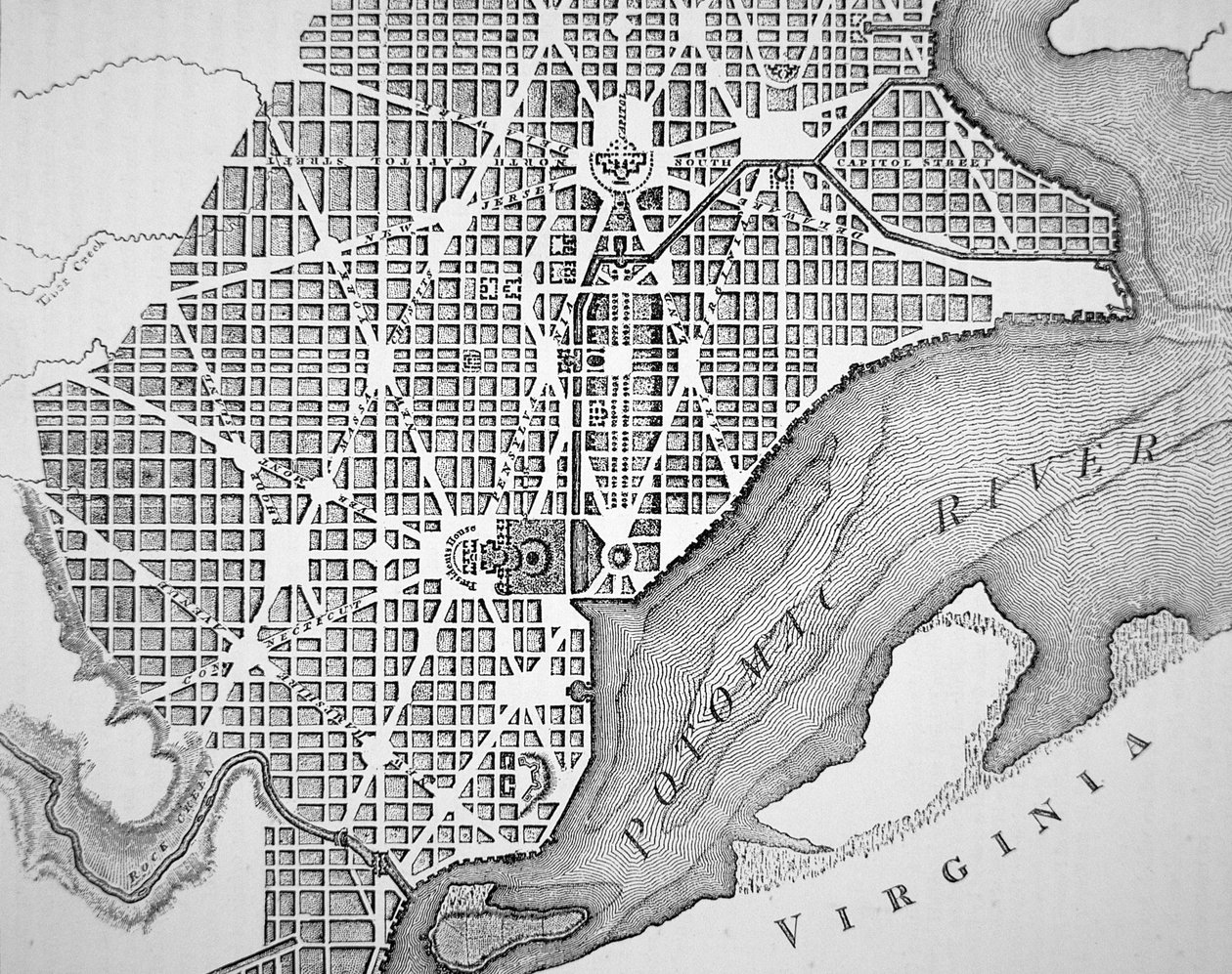 Plan der Stadt Washington, wie ursprünglich 1793 angelegt (Gravur) von (after) American School