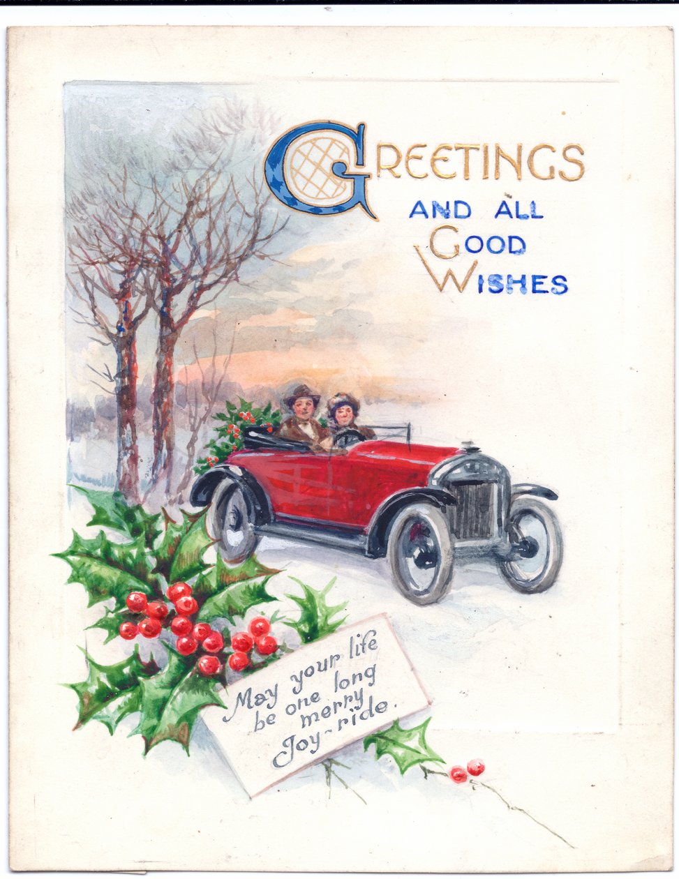 Originalkunstwerk für eine Weihnachtskarte mit einem roten Auto und Stechpalmen, ca. 1951 von (after) English School