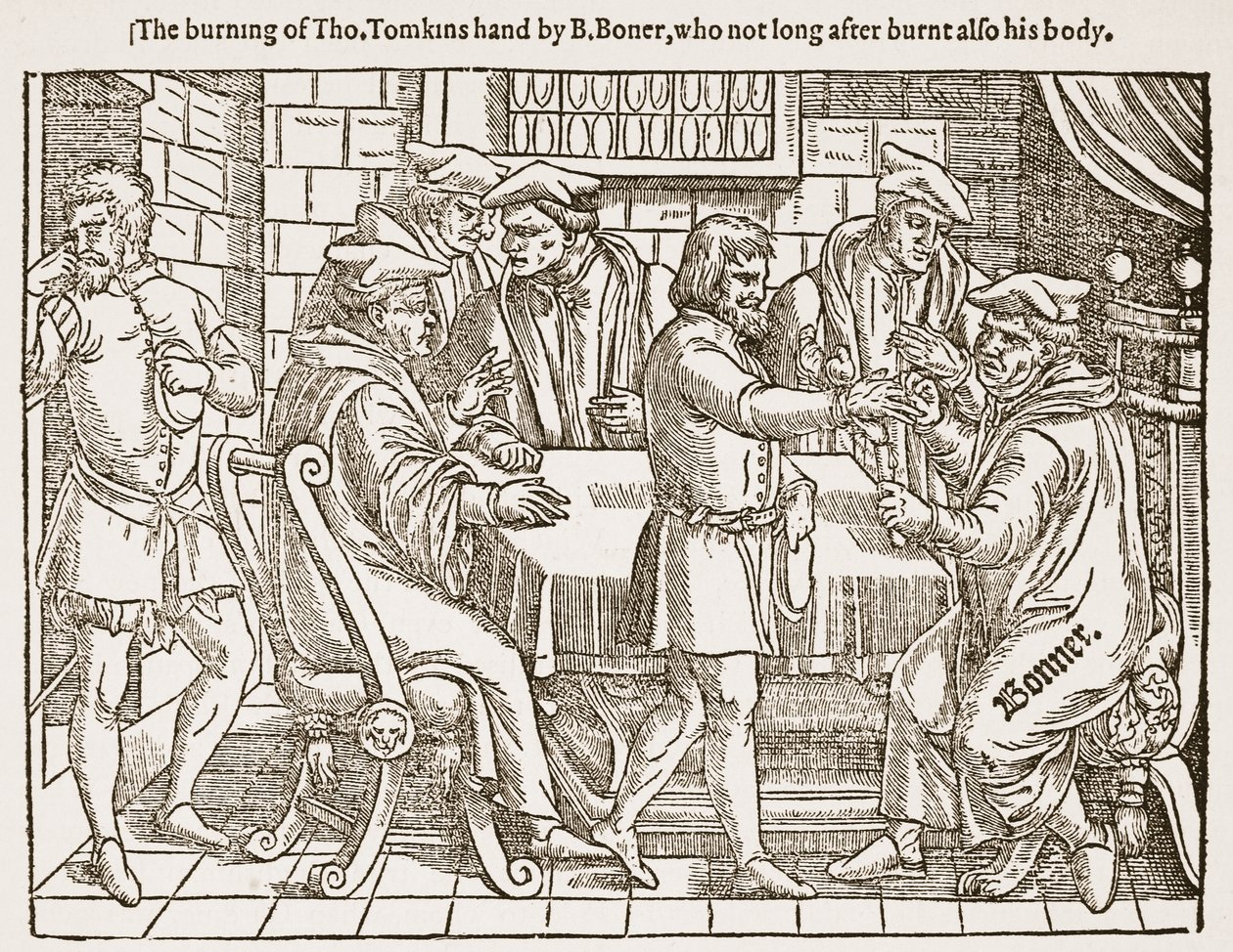 Das Verbrennen der Hand von Tho. Tomkins durch B. Boner, der nicht lange danach auch seinen Körper verbrannte, Illustration aus 