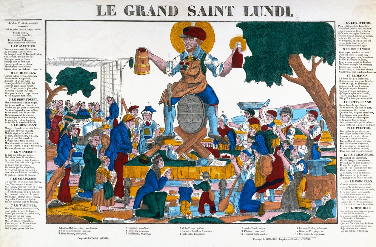 Der große heilige Montag, Karikatur über Arbeiter und Handwerker, die montags dem Alkohol statt ihrer Arbeit frönen, Mitte des 19. Jahrhunderts (Farblithografie) von (after) French School