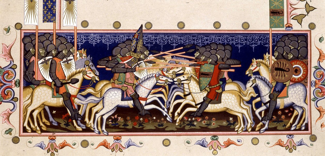 Kampfszene (imaginierte Kreuzzüge) - in "Statuten des Ordens des Heiligen Geistes von Neapel" (Orden des Heiligen Geistes) basierend auf einer Miniatur von 1352 von (after) Italian School
