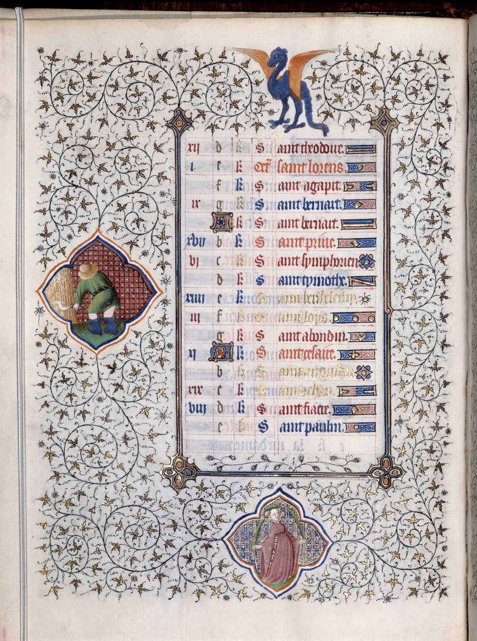 Manuskriptseite „Les Tres Riches Heures des Herzogs von Guise“ dekoriert mit Tierkreiszeichen und Darstellung landwirtschaftlicher Arbeiten, die Ernte. Miniatur des Meisters von Boucicaut von (and workshop) Boucicaut Master