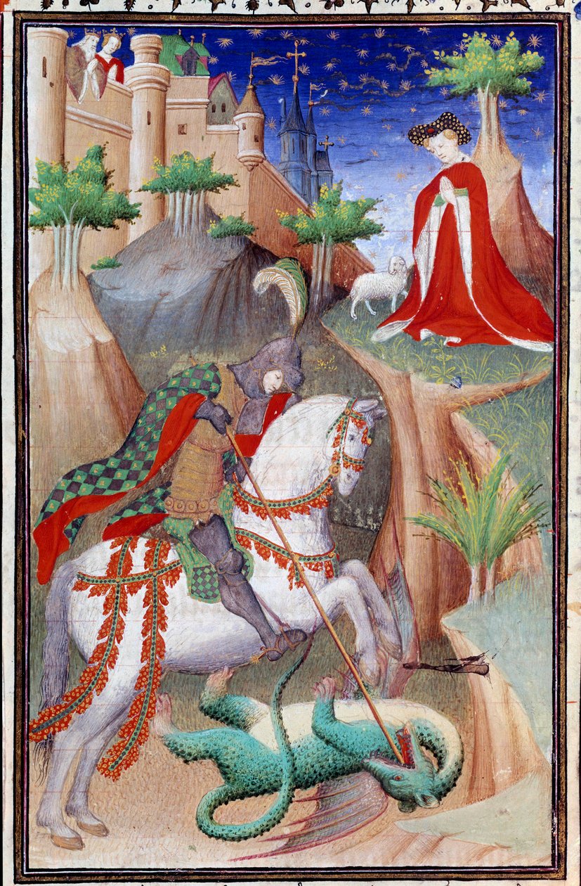 Seite des Manuskripts Les Tres Riches Hours du Duke Francois de Guise, illuminiert vom Meister von Boucicaut: Darstellung von Sankt Georg und dem Drachen. 15. Jahrhundert. Musee Conde, Chantilly von (and workshop) Boucicaut Master