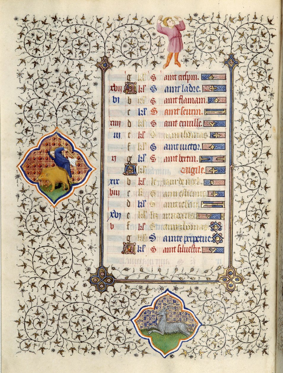 Seite des Manuskripts „Les Très Riches Heures du Duc François de Guise“, illuminiert vom Meister von Boucicaut: Darstellung der Tierkreiszeichen und Alltagsszenen: der Steinbock und die Wildschweinjagd. 15. Jahrhundert. Musée Condé, Chantilly von (and workshop) Boucicaut Master