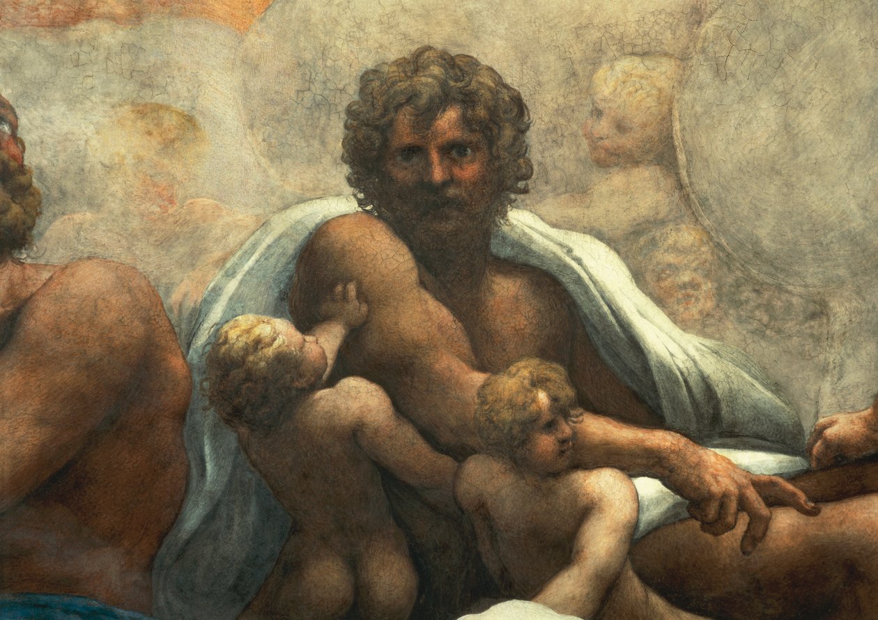 Vision des Heiligen Johannes Evangelist auf Patmos, Himmelfahrt Christi unter den Aposteln, oder Christus in Herrlichkeit von Antonio Allegri, bekannt als Correggio (1489-ca. 1534), Fresko, 966x888 cm Durchmesser an der Basis, (Detail), Kirche des Heiligen von (c.1489-1534) Correggio