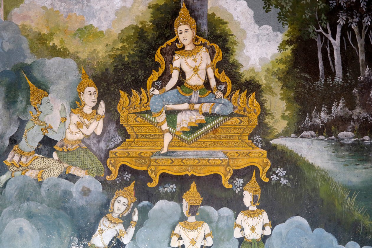 Fresko, das eine Szene aus dem Leben Buddhas in Wat Phra Doi Suthep, Chiang Mai, Thailand darstellt von Unknown