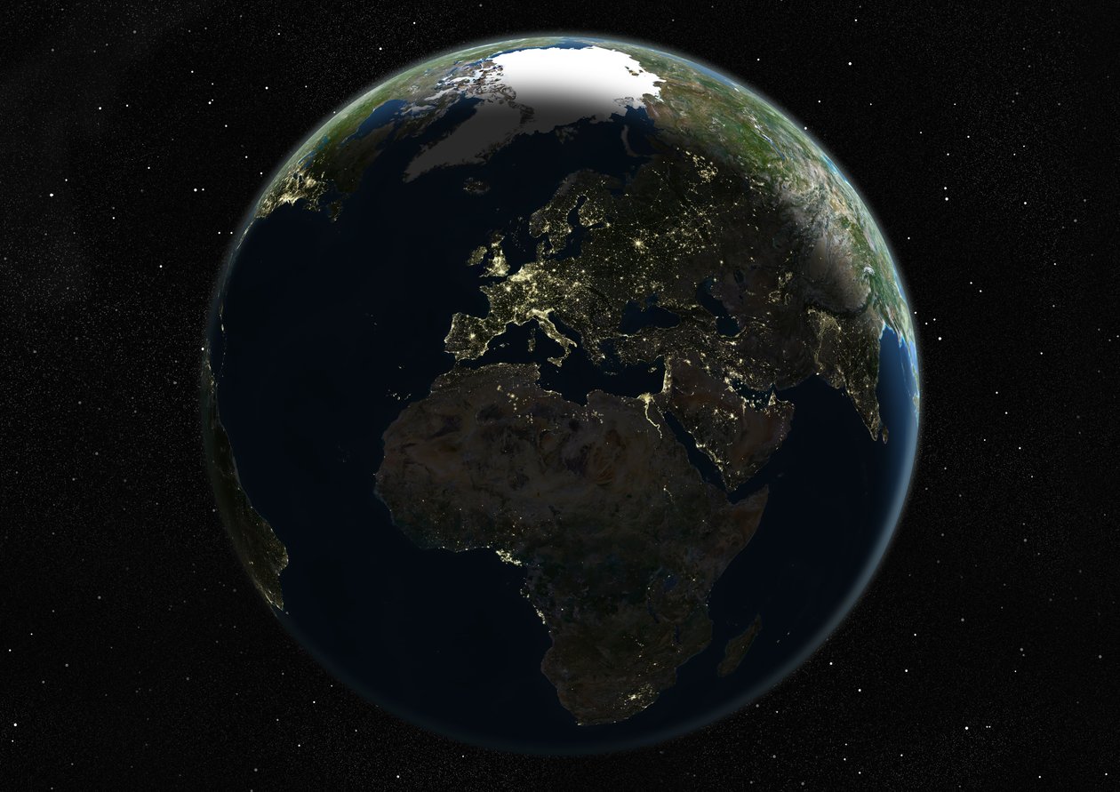 Globus zentriert auf Europa und Afrika, Satellitenbild in Echtfarben von Unknown