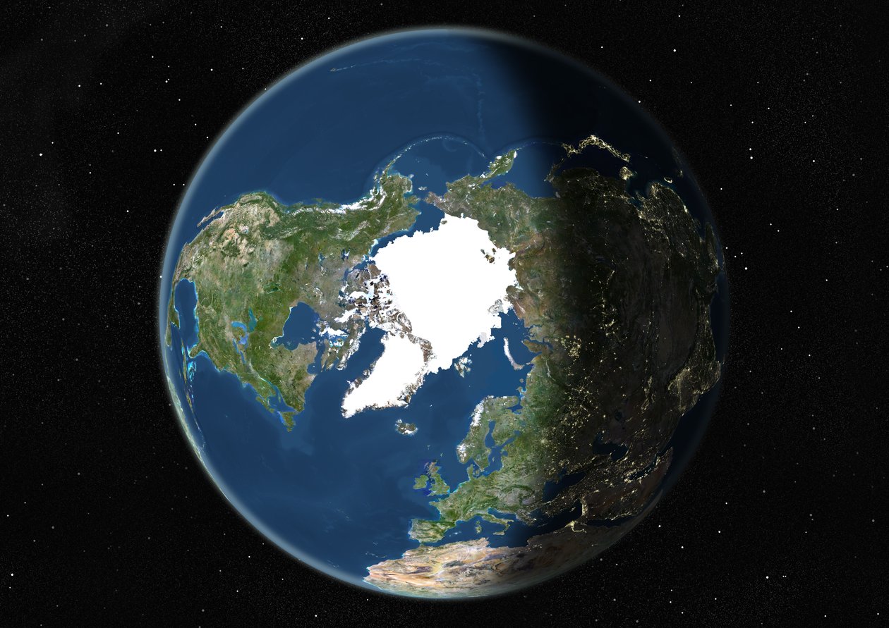 Globus zentriert auf den Nordpol, Satellitenbild in Echtfarben von Unknown