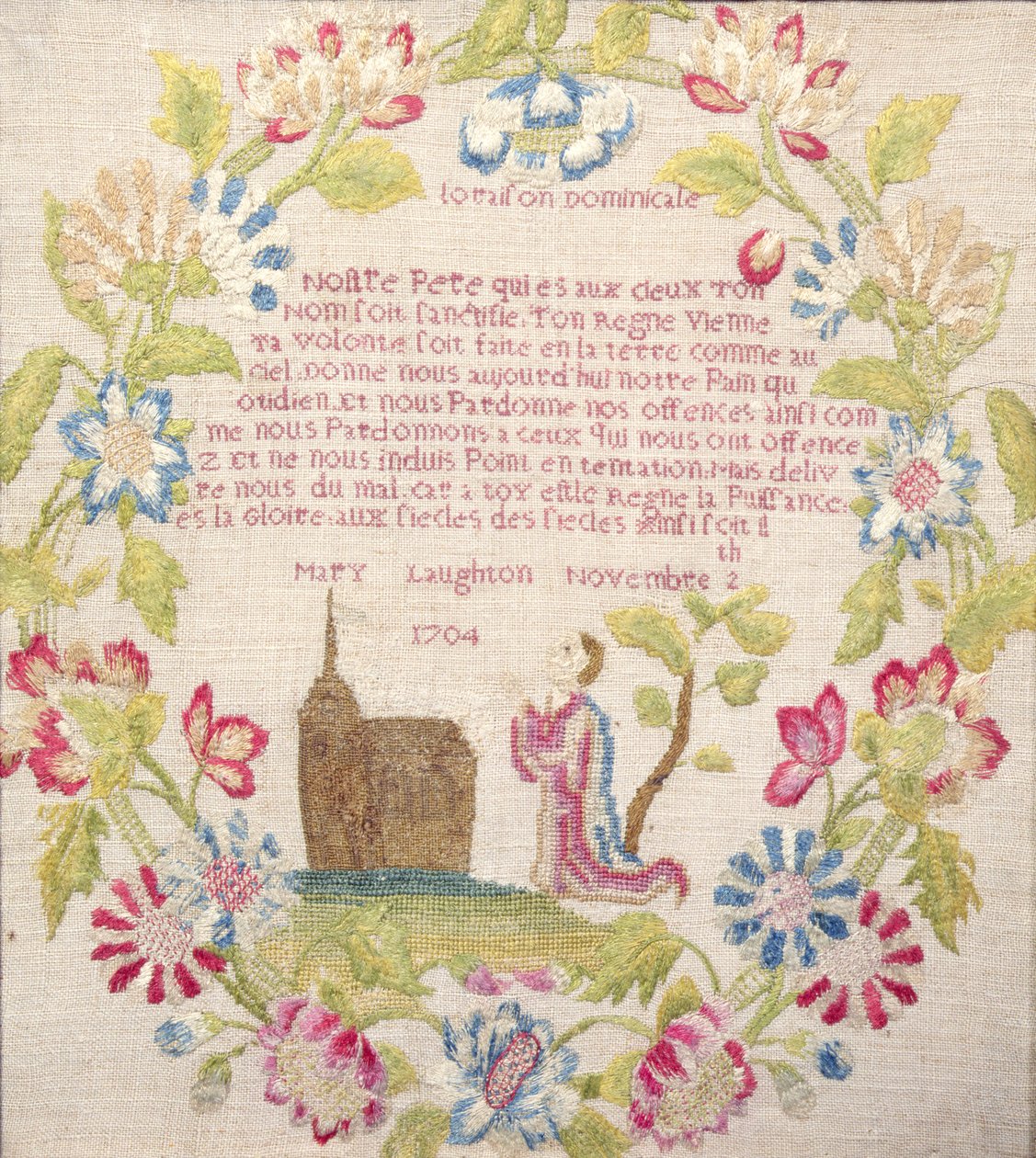 Stickmuster mit dem Vaterunser auf Französisch über einer knienden Figur, gearbeitet von Mary Laughton, 1704 von Unknown