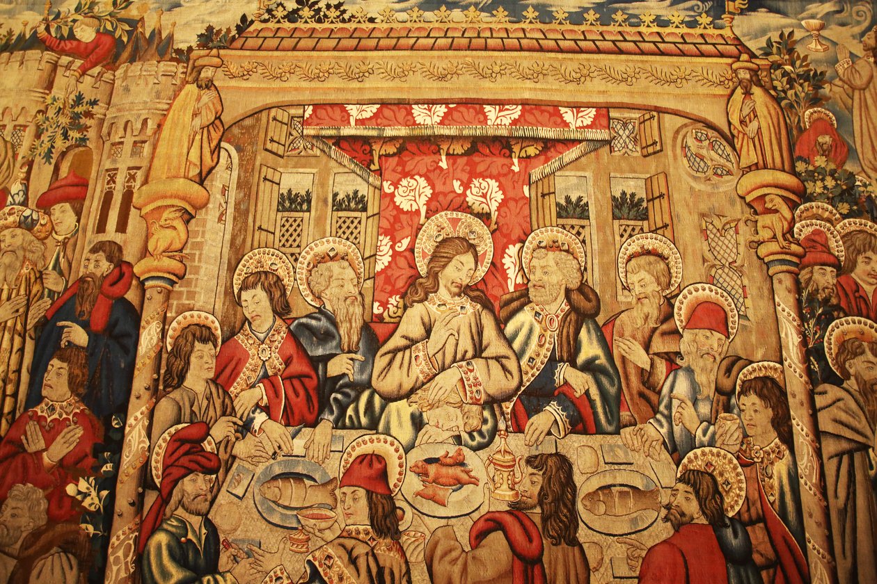 Vatikanisches Museum: Wandteppich mit dem Letzten Abendmahl - (aus Episoden der Passion, Tournai?, Ende des 15. Jahrhunderts) (Galleria di San Pio V, St. Pius V Galerie) von Unknown