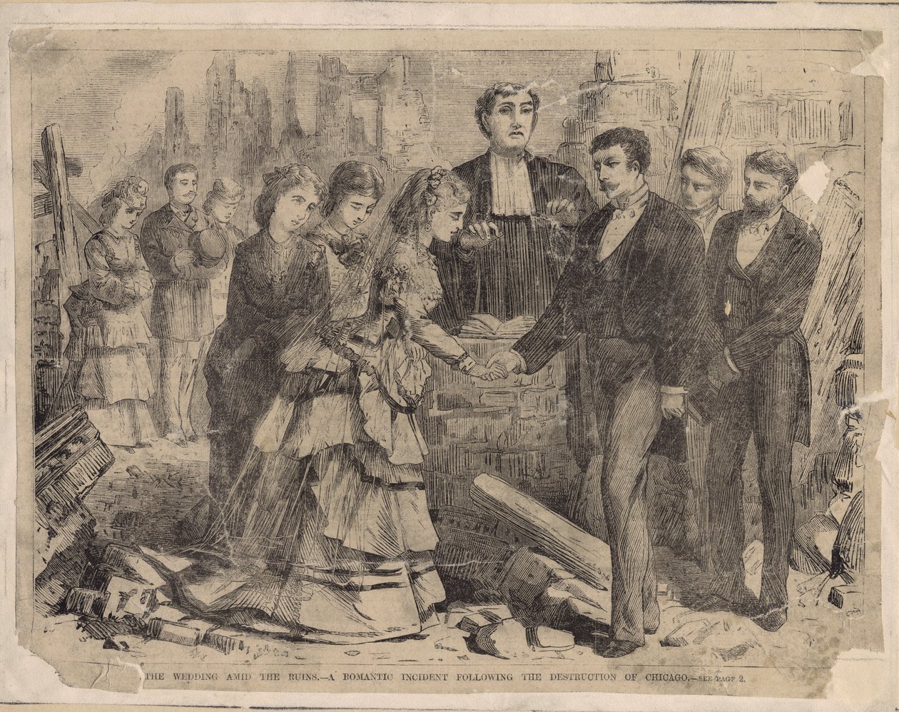 Eine Hochzeit inmitten der Ruinen - Ein romantisches Ereignis nach der Zerstörung Chicagos, Illustration aus Harpers Weekly, 1871 von American School