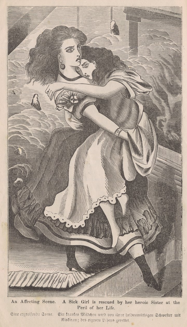 Eine bewegende Szene, Illustration einer Frau, die ihre Schwester während des Chicago-Feuers von 1871 rettet, aus George L. Barclays Buch, Das große Feuer von Chicago, 1872 von American School