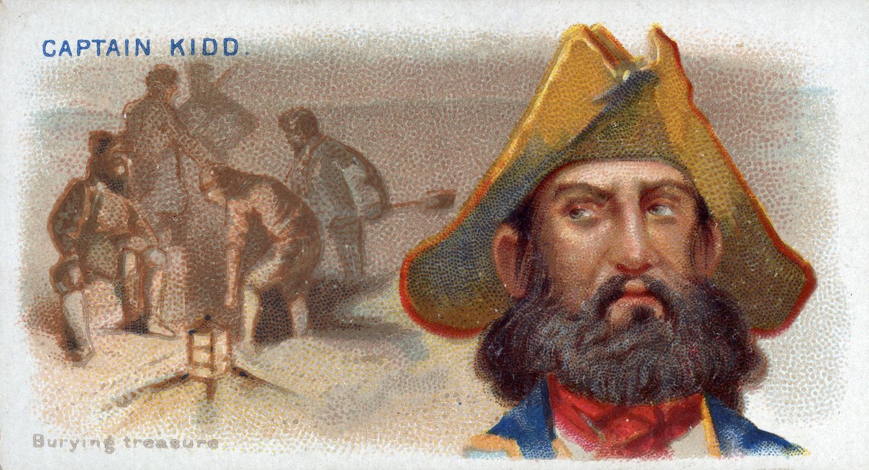 Zigarettenkarte Captain Kidd, vergräbt Schatz, aus der Serie Pirates of the Spanish Main (N19), veröffentlicht 1888 von American School