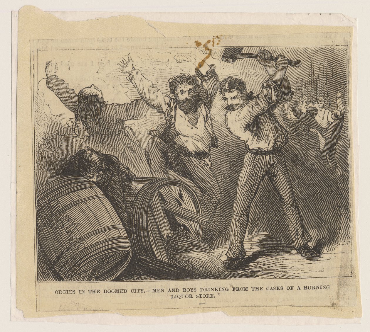 Orgien in der verdammten Stadt - Männer und Jungen trinken aus den Fässern eines brennenden Spirituosengeschäfts, 1871 von American School