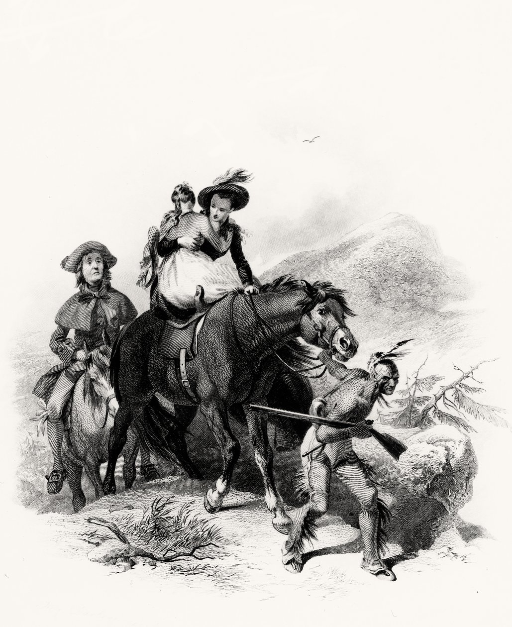 Platzierte Alice dann auf demselben Pferd mit Cora, ergriff die Zügel und begann seine Route, indem er tiefer in den Wald eindrang, Illustration aus Der letzte Mohikaner, von James Fennimore Cooper, 1826 von American School