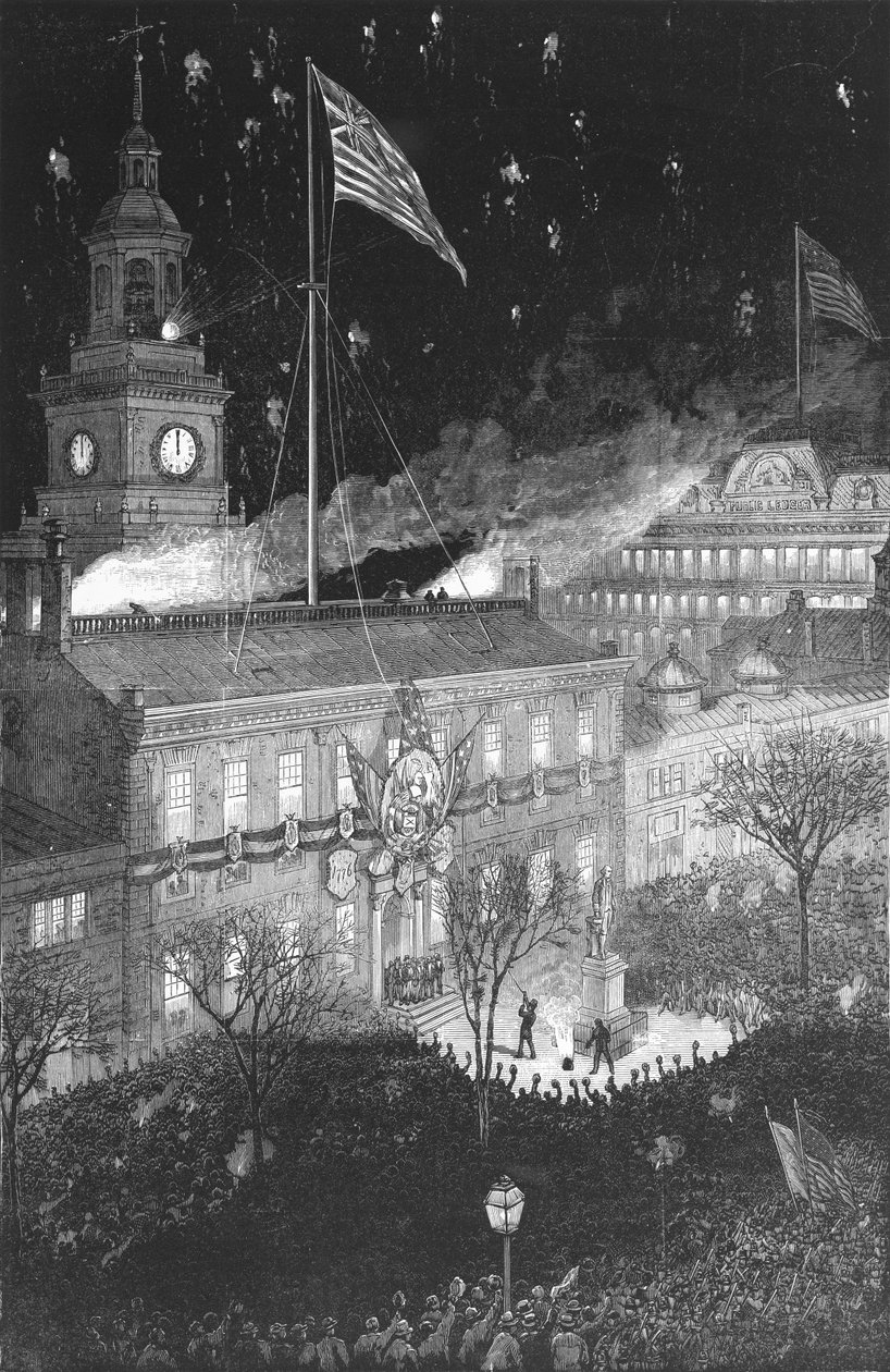 Die hundertjährige vierte Beleuchtung der Independence Hall, 1876 von American School