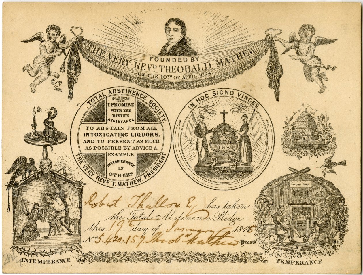 Total Abstinence Society, Total Abstinenzversprechen für Robert Thallow, 1845 von American School