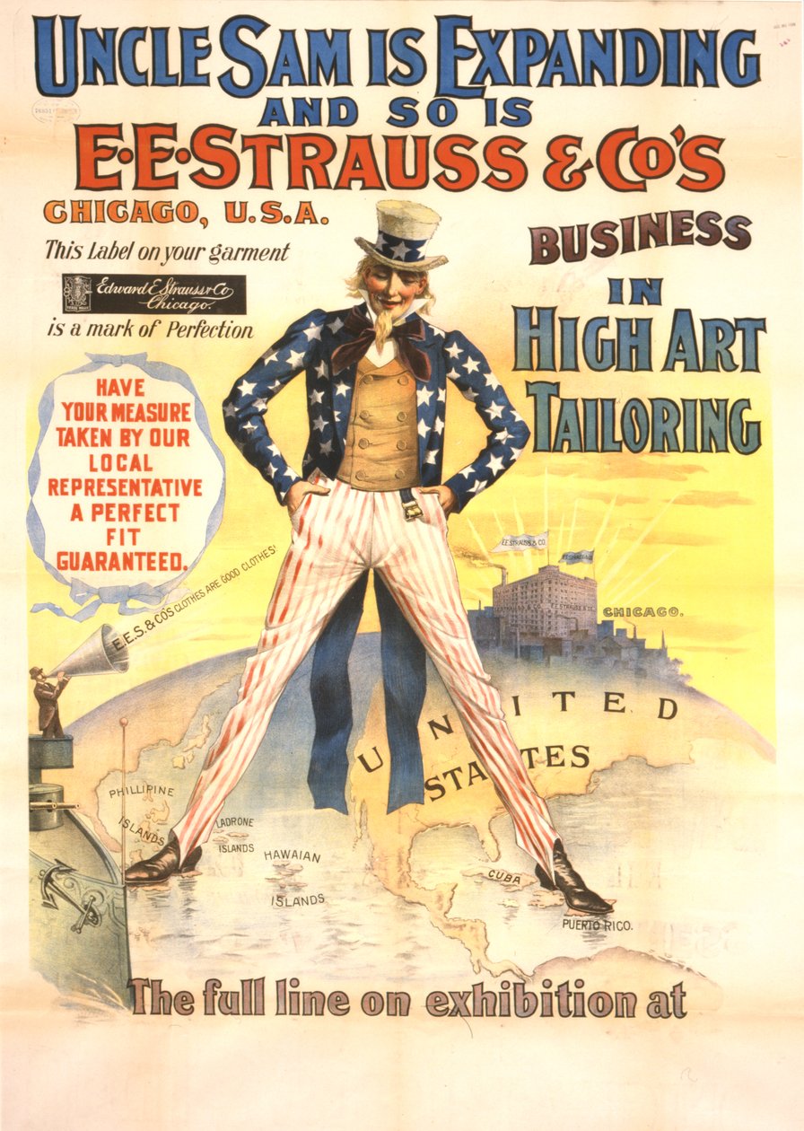 Uncle Sam expandiert, und ebenso das Geschäft von E.E. Strauss & Co. in der hohen Kunst der Schneiderei, ca. 1898 von American School