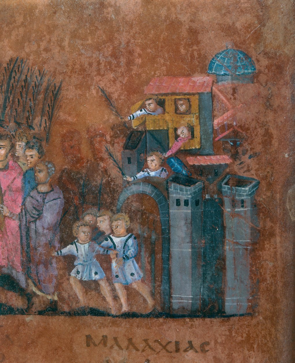 Detail eines Folios aus dem Codex Purpureus Rossanensis, griechische Evangelistenminiatur in einem Skriptorium wahrscheinlich aus Antiochia in Syrien oder Caesarea Palestina. Aufbewahrt im Diözesanmuseum von Rossano von Byzantine School