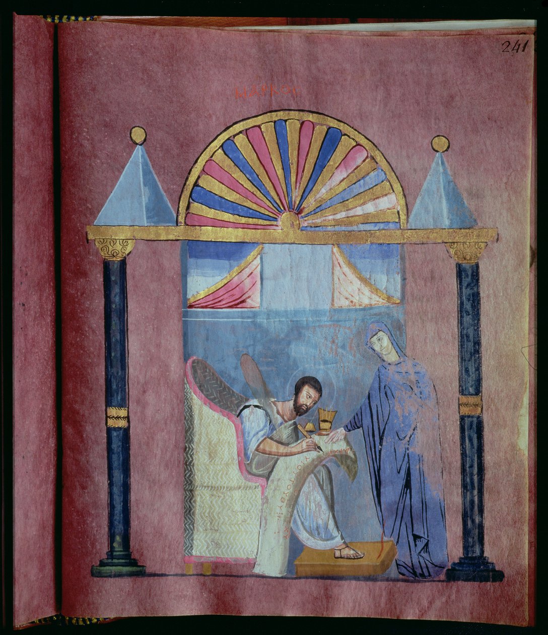 Ms EAB 644 fol.241 Die Jungfrau diktiert das Evangelium an St. Markus, aus dem Rossano-Evangelium von Byzantine School