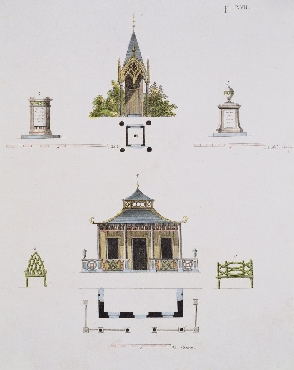 Gartendekorationen, aus Magazin der Gartenschätze, von G. van Laar, veröffentlicht 1802 von Dutch School