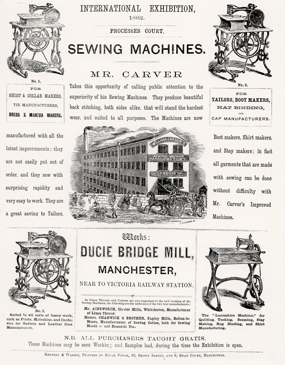 Werbung für die Internationale Ausstellung von Mr. Carvers Nähmaschinen, 1862 von English School