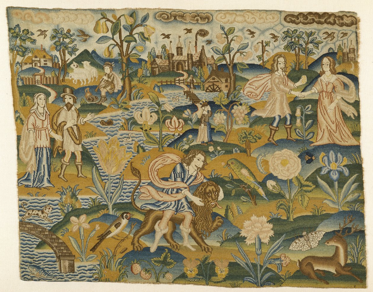 Gesticktes Bild: Mann mit einem Löwen in einer Landschaft mit zwei Paaren, 2. Hälfte des 17. Jahrhunderts von English School