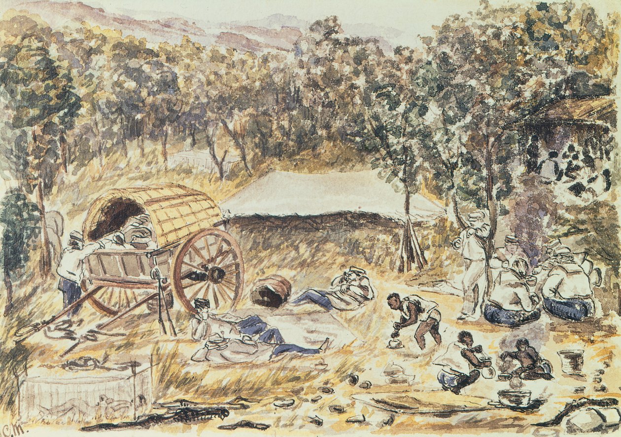 Abendhalt auf der Reise, um eine Straße für die Kutsche der Lady Nyasa von den Fällen zum See zu suchen, ca. 1863 von English School
