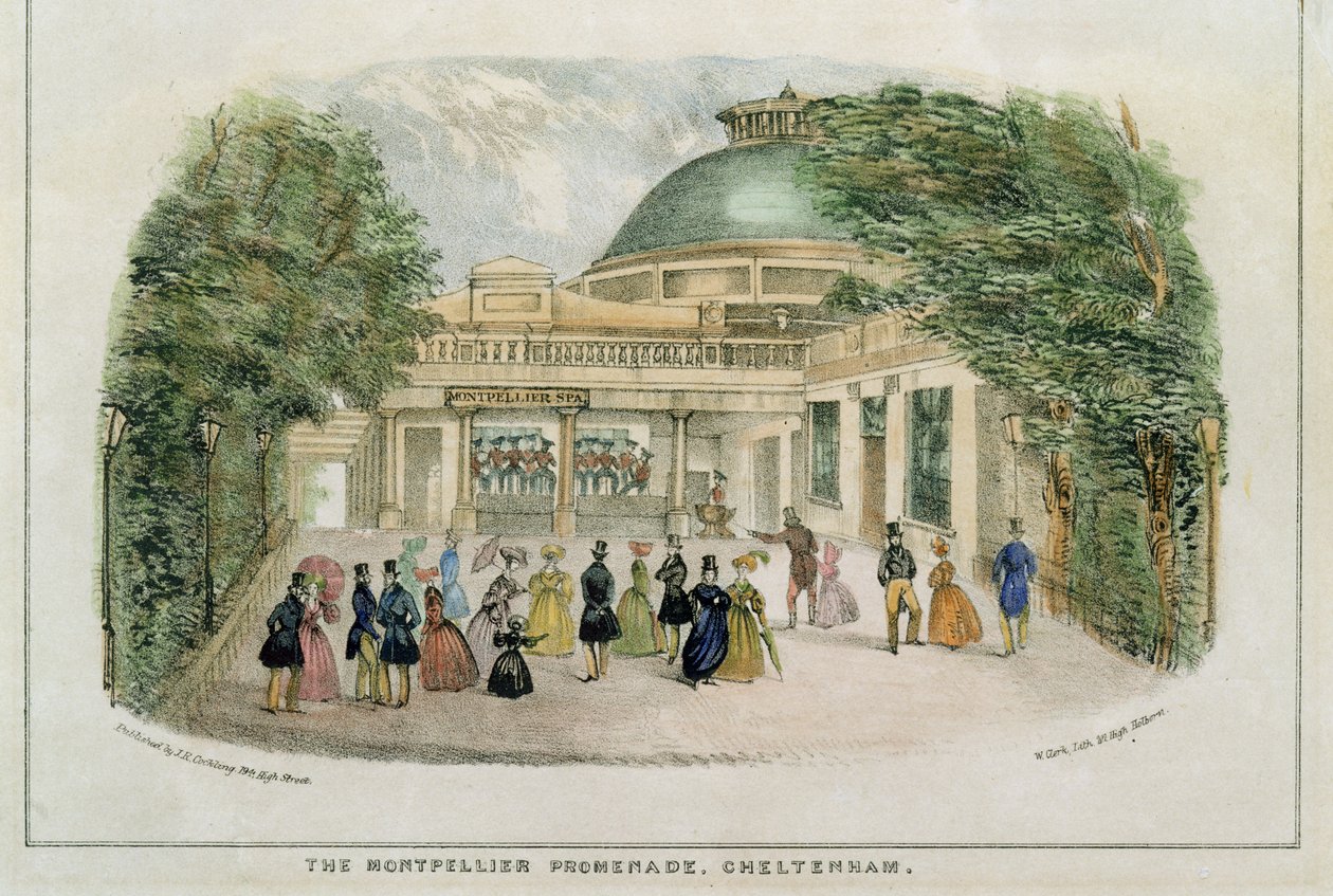 Montpelier Promenade, Cheltenham, graviert von W. Clerk, ca. 1835 von English School