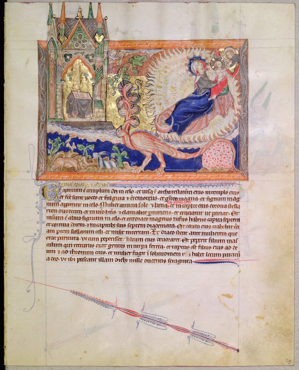 Gott rettet das männliche Kind vor dem roten Drachen, aus der Gulbenkian-Apokalypse, ca. 1265-70 von English School