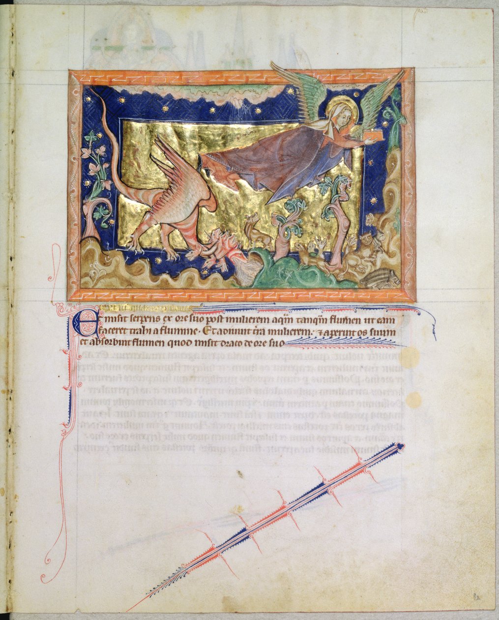 Die Frau flieht, während die Erde das vom roten Drachen ausgespuckte Wasser verschluckt, aus der Gulbenkian-Apokalypse, ca. 1265-70 von English School
