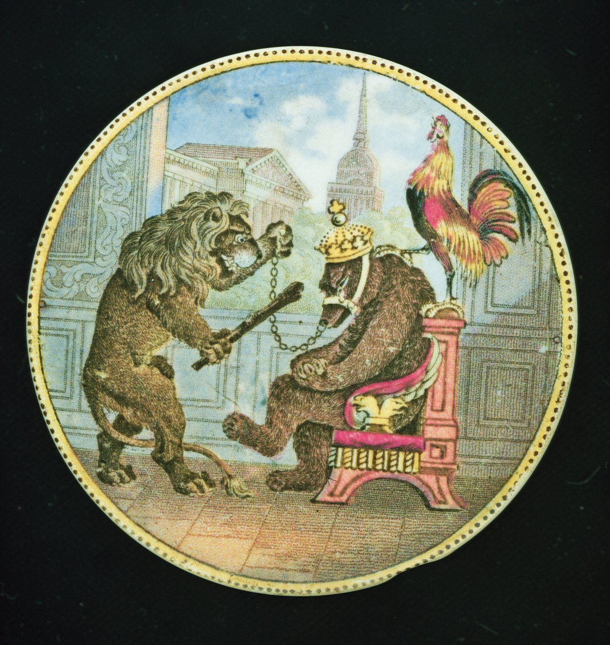 Topfdeckel, Darstellung eines Bären, Löwen und Hahns, Staffordshire von English School