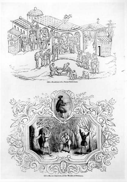 Residenz eines sächsischen Edelmanns und das sächsische Emblem für den Monat Februar von English School