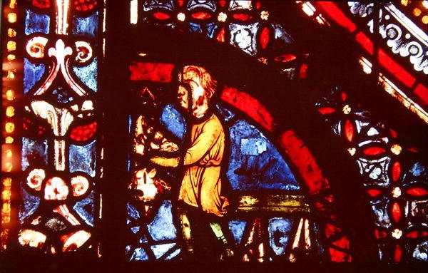 Ein Metzger, Detail aus der unteren linken Ecke des Wunders der Jungfrau Fenster im südlichen Seitenschiff des Kirchenschiffs, 1205-15 von French School
