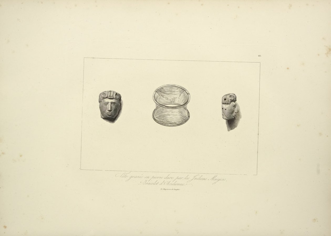 Graviertes Kopfstück aus Hartstein der Muycas-Indianer, Obsidianarmband, Illustration aus Vues des Cordillères et Monumens des Peuples Indigènes de l