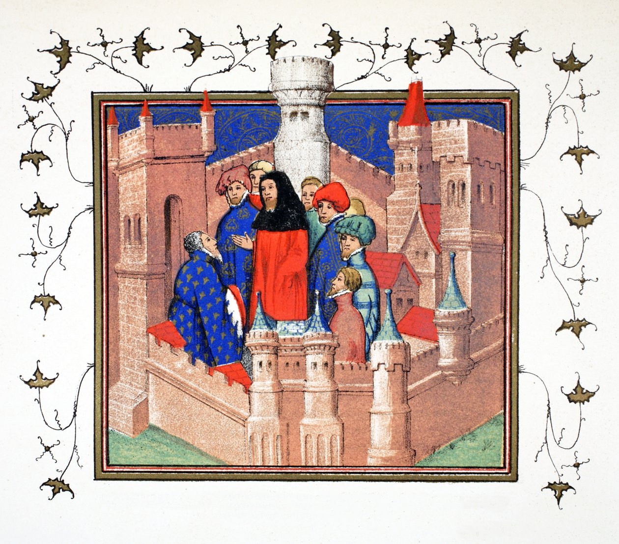 Innenansicht von Schloss Conway und der Graf von Northumberland, der seine falsche Botschaft an Richard II. überbringt, Faksimile-Kopie aus Le Prinse et Mort du Roy Richart von Jean Creton, nachgedruckt im 19. Jahrhundert (farbig) von French School