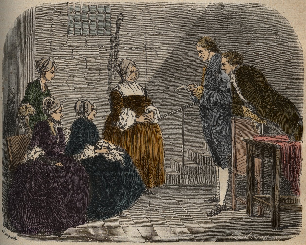 Madame Calas mit ihren zwei Töchtern hört das Urteil im Prozess gegen ihren Ehemann Jean, Illustration aus Causes célèbres de tous les peuples von French School