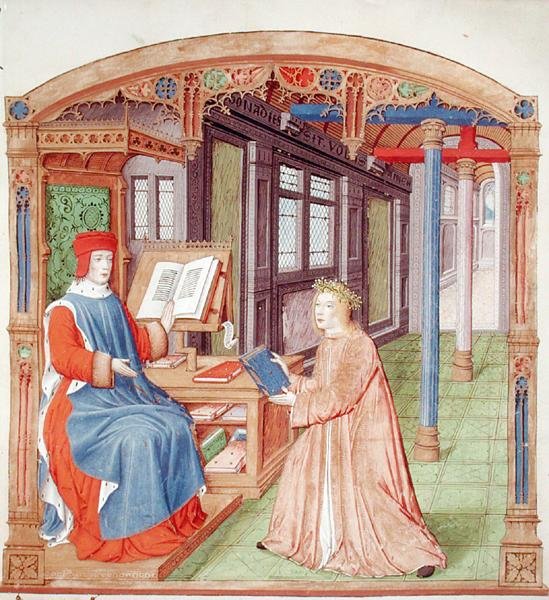 Virgil bietet sein Buch Maecenas an, aus Die Eklogen von Virgil mit einem Kommentar von Servius, 1469 von French School
