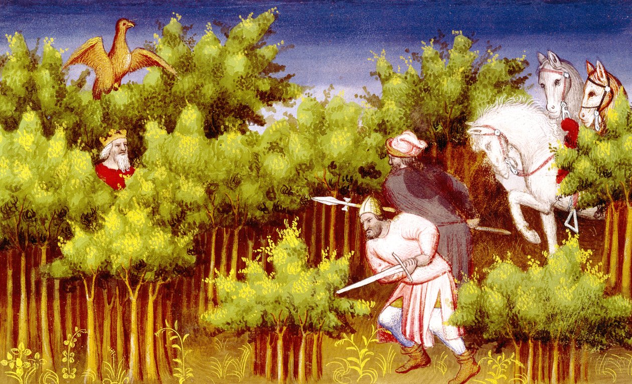 Ms Fr 2810 f.200v, Dschingis Khan entkommt seinen Feinden, indem er sich in den Büschen versteckt, aus Livre des Merveilles du Monde, ca. 1410-12 von French School