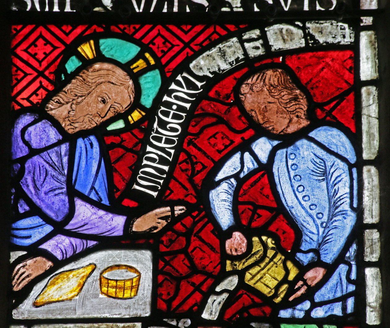 Fenster mit Darstellung von Christus und einem Diener bei der Hochzeit zu Kana von French School