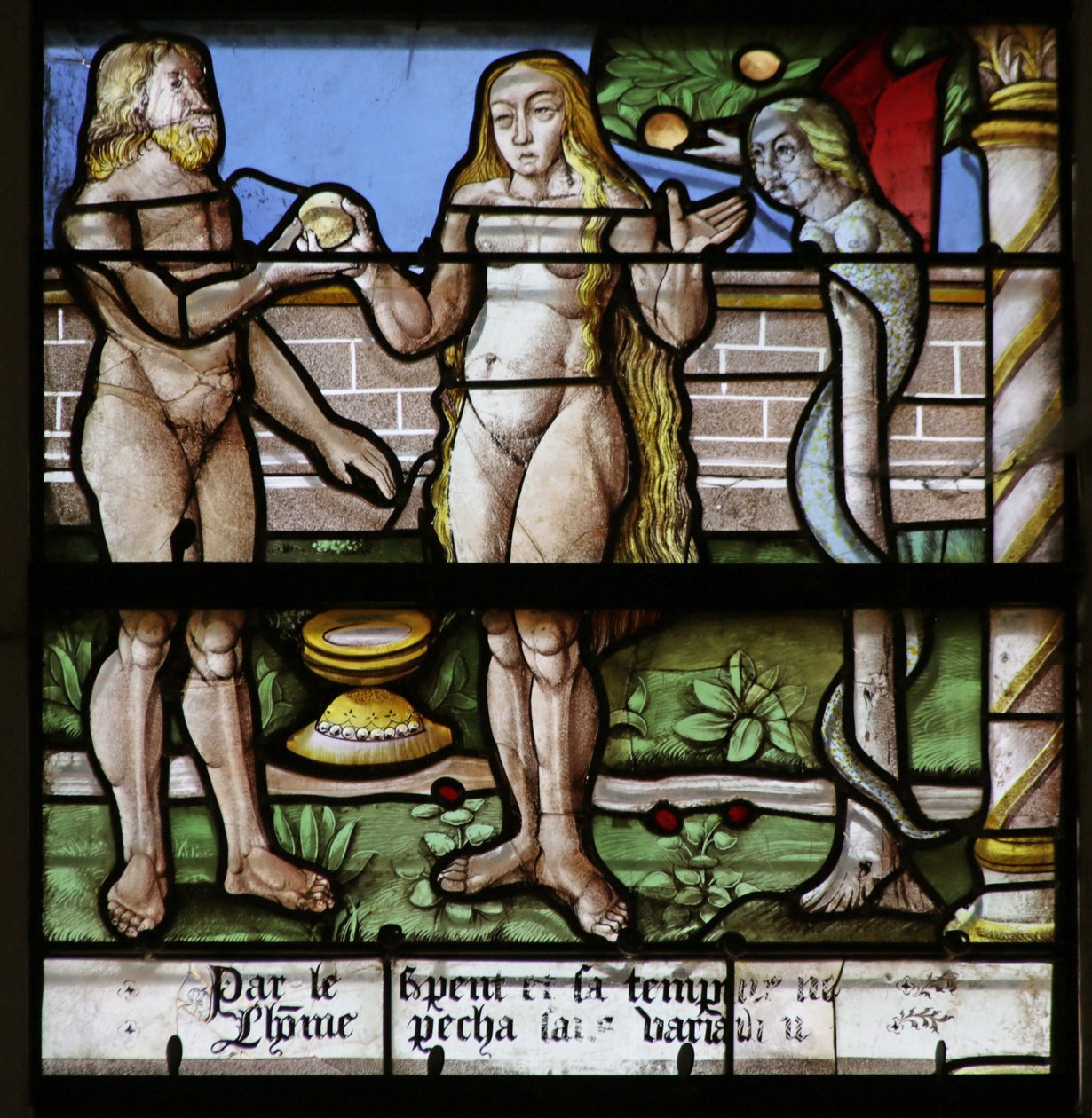 Fenster mit Darstellung von Eva, die Adam die verbotene Frucht anbietet von French School