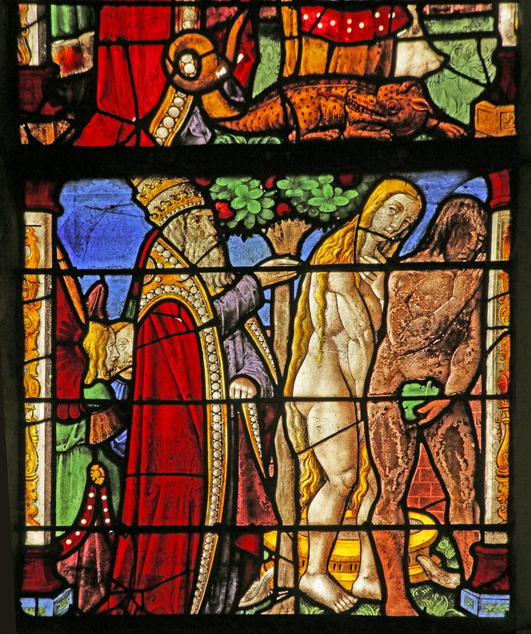 Fenster mit Darstellung von Gott, der Adam und Eva befragt von French School