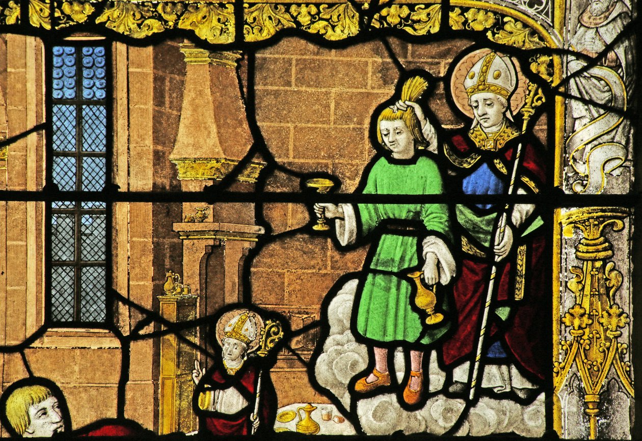 Fenster, das den heiligen Nikolaus: das Wunder des goldenen Bechers darstellt von French School