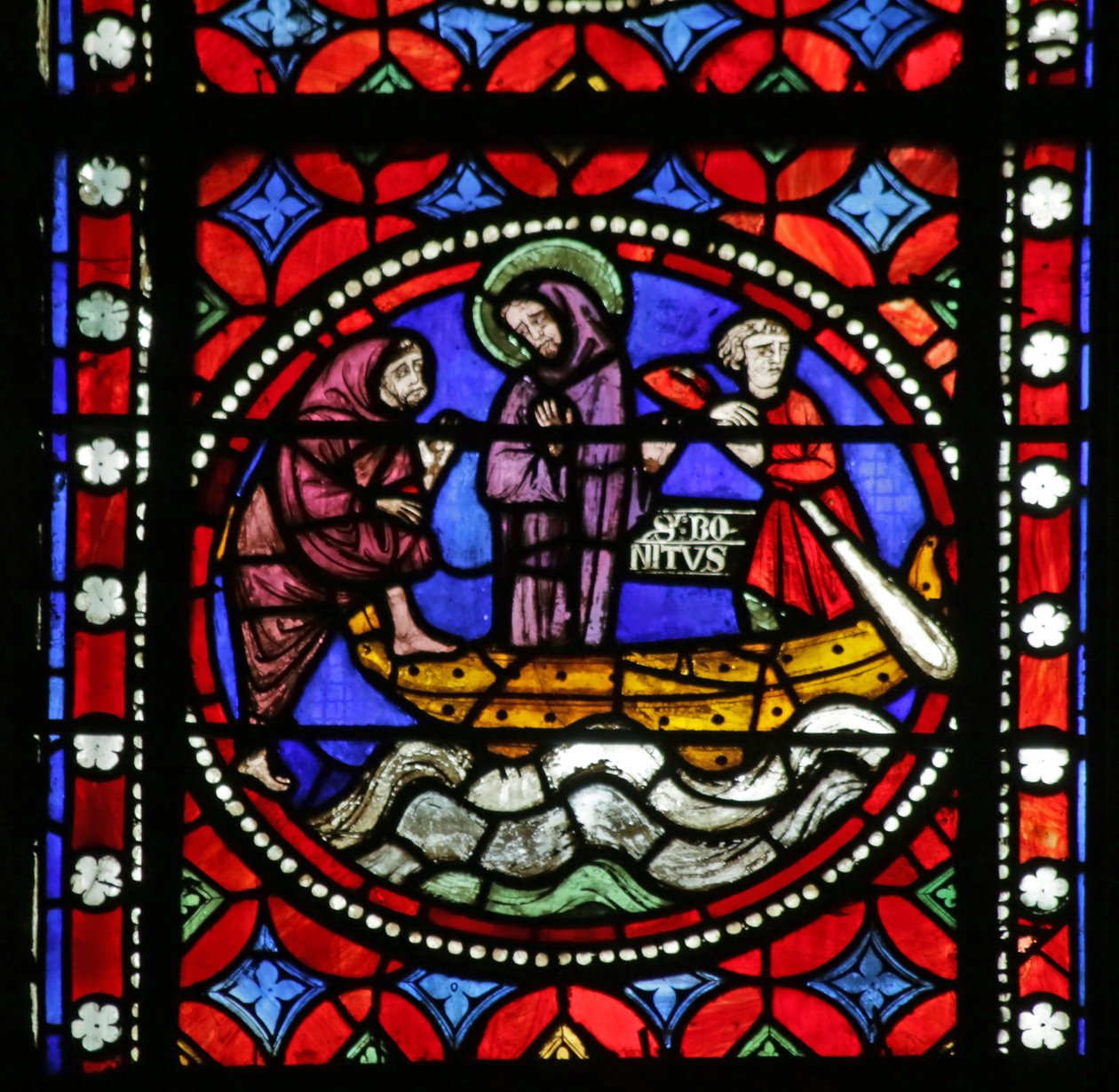 Fenster mit Szene aus dem Leben des Heiligen Bonnet: Heiliger auf seiner Reise nach Rom und Abenteuer, während er auf seinen Begleiter wartet von French School