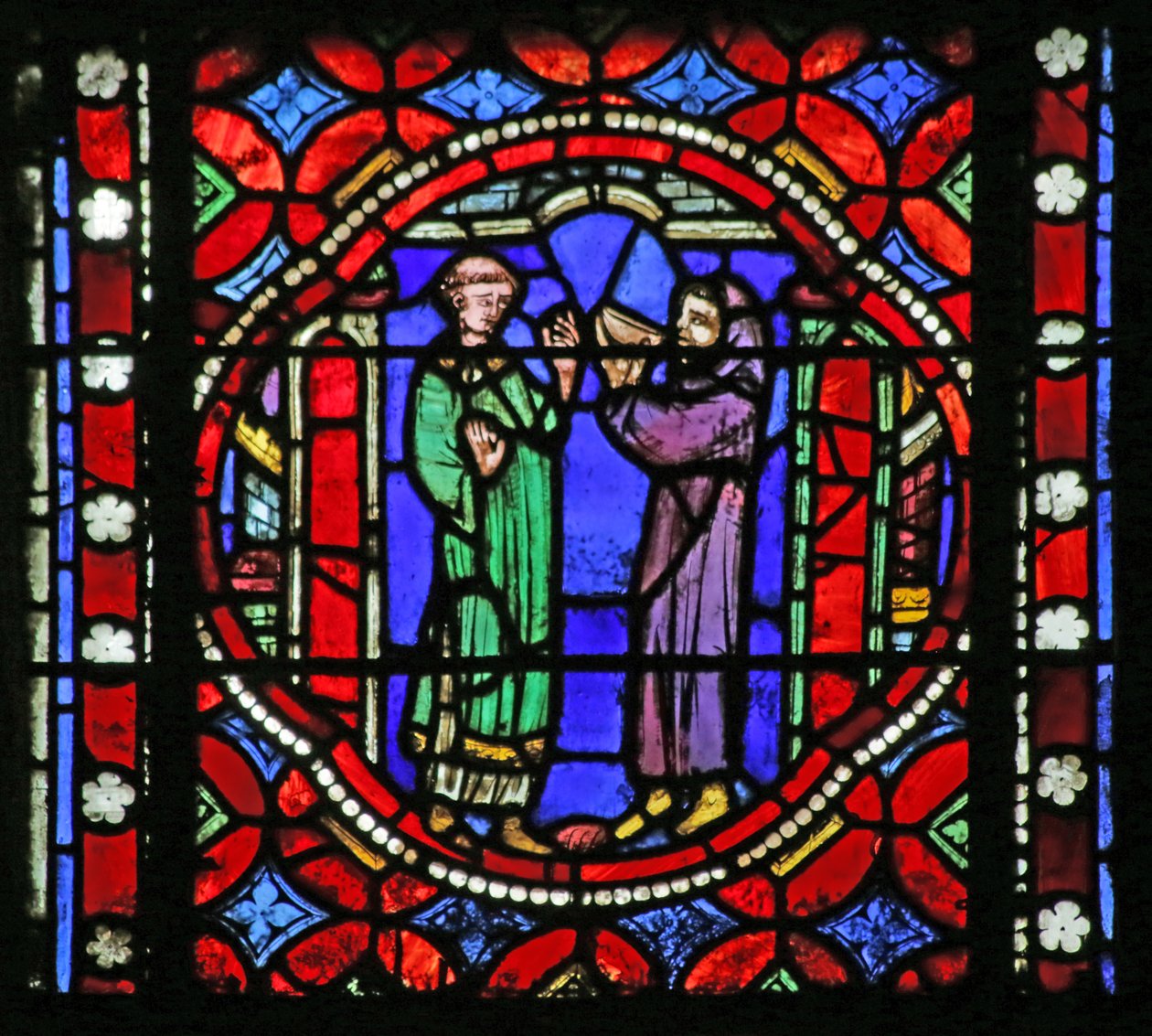 Fenster mit Szene aus dem Leben des Heiligen Bonnet: Heiliger auf der Reise nach Rom erhält Erfrischungen vom Abt des Klosters auf der Insel Barbe von French School