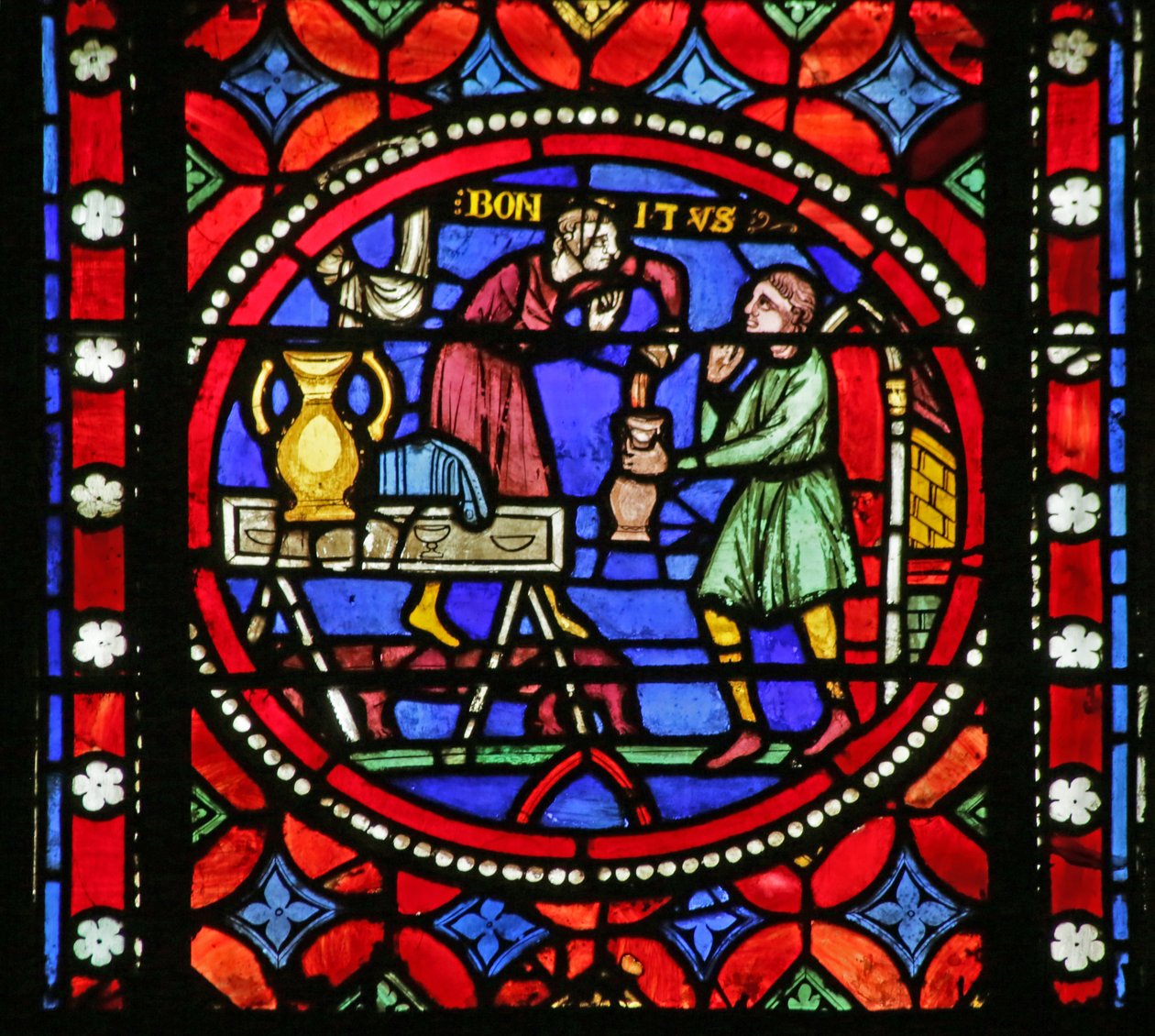 Fenster mit Darstellung einer Szene aus dem Leben des Heiligen Bonnet: Saint Bonnet schenkt Wein aus von French School
