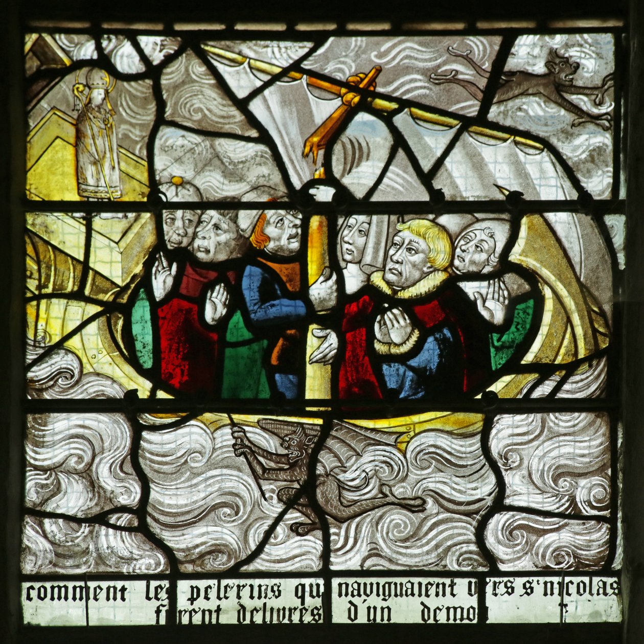 Fenster mit Darstellung des Heiligen Nikolaus, der erscheint und Reisende rettet, als ihr Schiff sinkt, 1460-1470 von French School