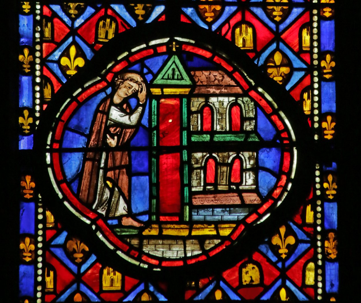 Fenster mit Darstellung von Theophilus beim Bau einer Kirche von French School