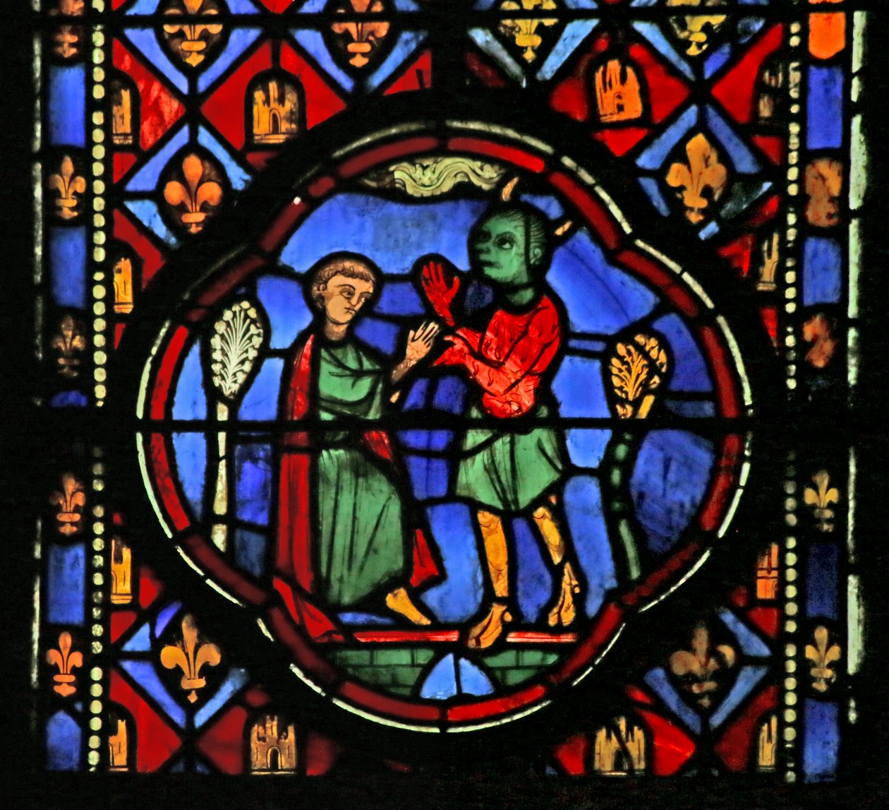 Fenster mit Darstellung von Theophilus, der mit einem Dämon verhandelt von French School